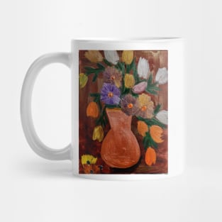 Some abstract mixed flowers in a metallic vase Mug